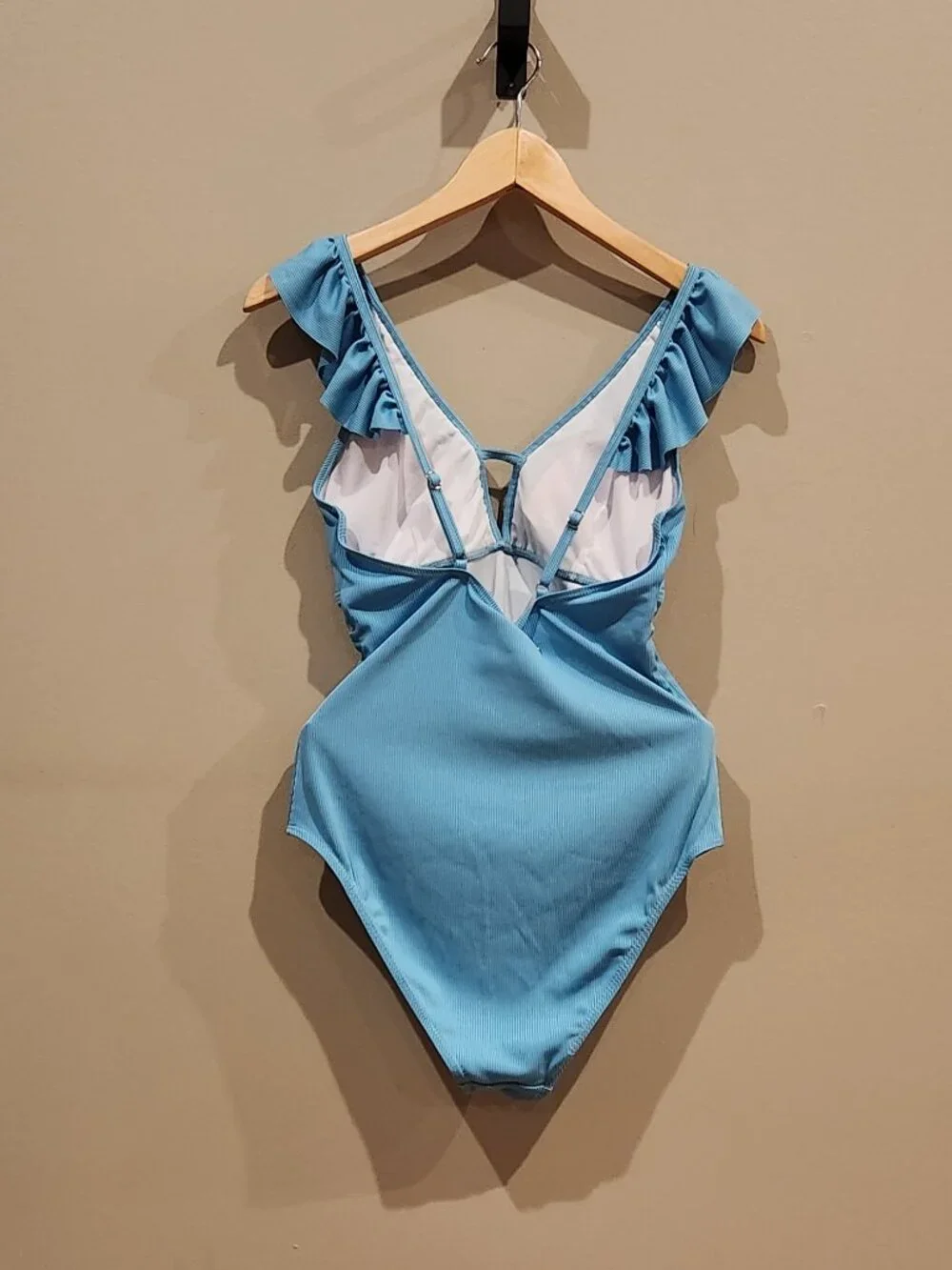 Blue Ruffle One Piece Swimsuit Women's Medium V Neck Swimwear